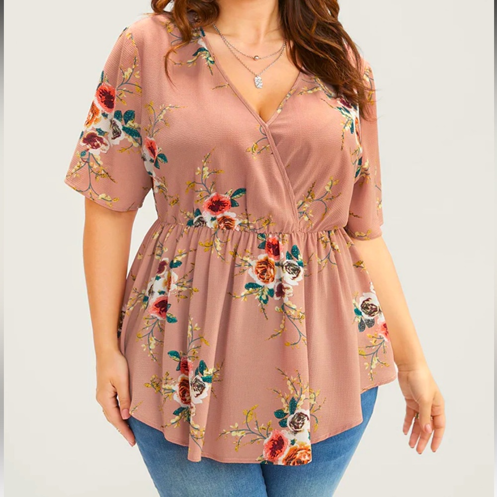Floral Print Wrap Ruffles Asymmetrical Hem Blouse